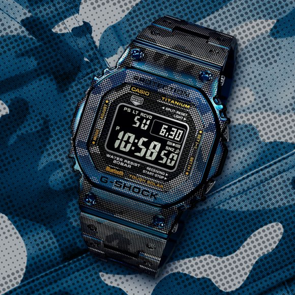 Casio G-Shock GMW-B5000TCF-2DR Full Metal Blue Camouflage Digital Dial Titanium Band