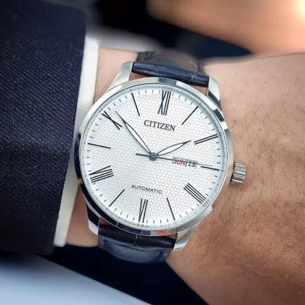 Citizen Mechanical NH8350-08A Automatic White Pattern Dial Black Leather Strap
