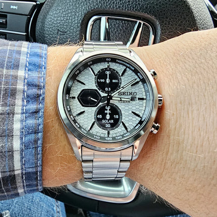 Seiko Chronograph SSC769P1 Solar Panda Dual Tone Dial Stainless Steel Strap