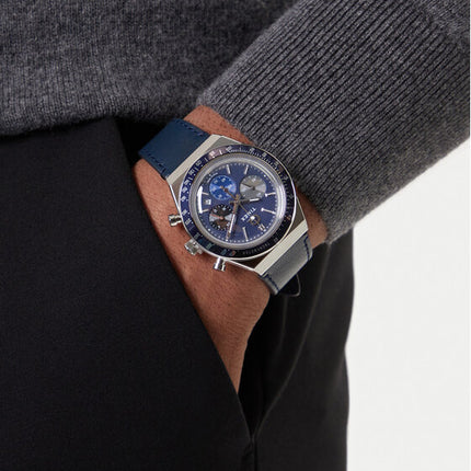 Timex Q TW2Y36100 Men Chronograph Blue Dial Blue Leather Strap