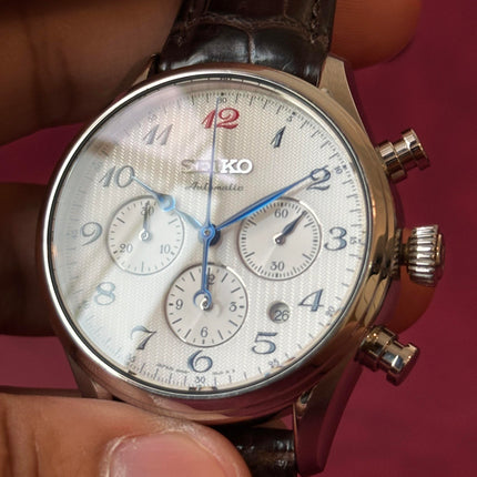 Seiko Presage SRQ025J1 Automatic Chronograph White Dial Brown Leather Strap