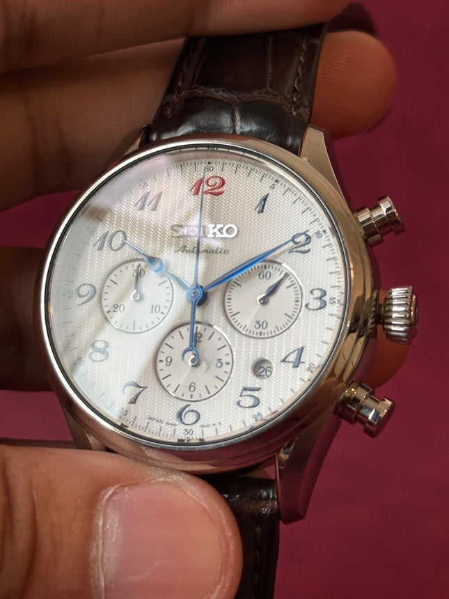Seiko Presage SRQ025J1 Automatic Chronograph White Dial Brown Leather Strap