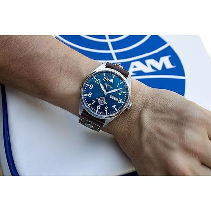 Timex X Pan Am Day Date TWG030100 Quartz Blue Dial Brown Leather Strap