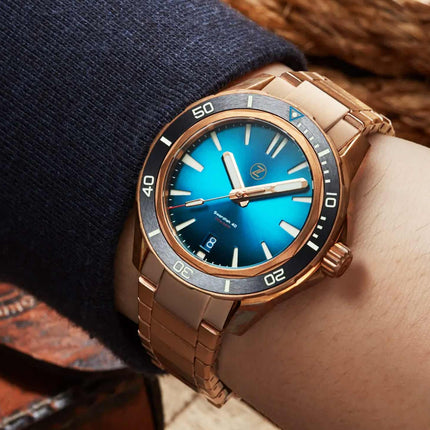 Zelos Swordfish 40mm blue dial bronze bracelet