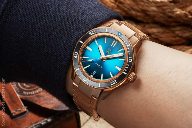 Zelos Swordfish 40mm blue dial bronze bracelet